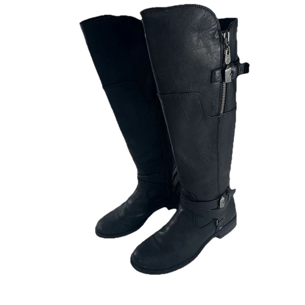 Guess Black Leather Tall Riding Boots Womens Sz 6.5 M‎ Equestrian Moto